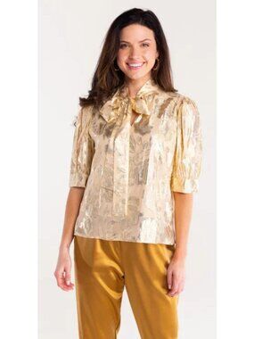 NWT S'EDGE Celeste Top Heavenly Metallic Gold Jacquard Size S $218 [jb]